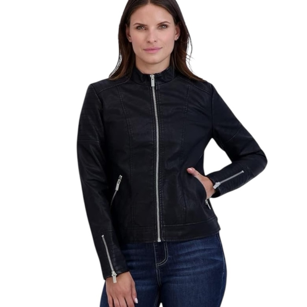Baccini Women's Chic Faux Leather Black Moto Zip Front Jacket NWT large